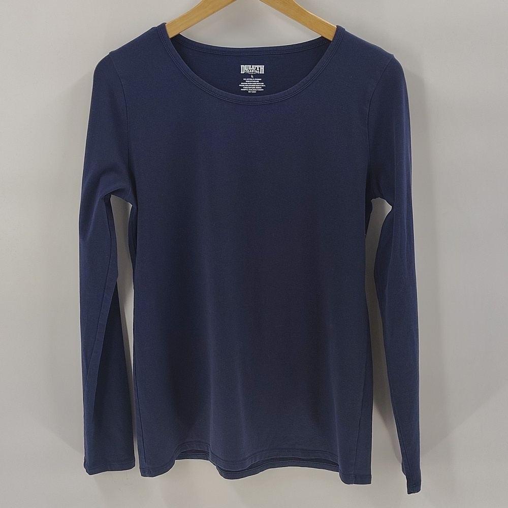 Duluth Trading Co Women's Tee Size Large Navy Blue long Sleeve Stretch